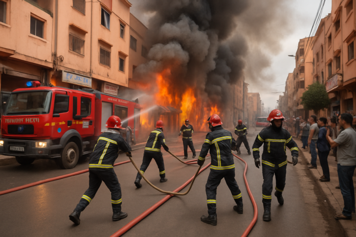 حريق يأتي على عدد من المحلات التجارية ببني ملال ورجال الإطفاء يتدخلون للسيطرة على النيران